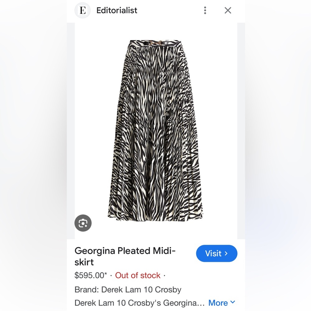 DEREK LAM 10 CROSBY Georgina Pleated Midi Skirt White Black Zebra Print Sz 4